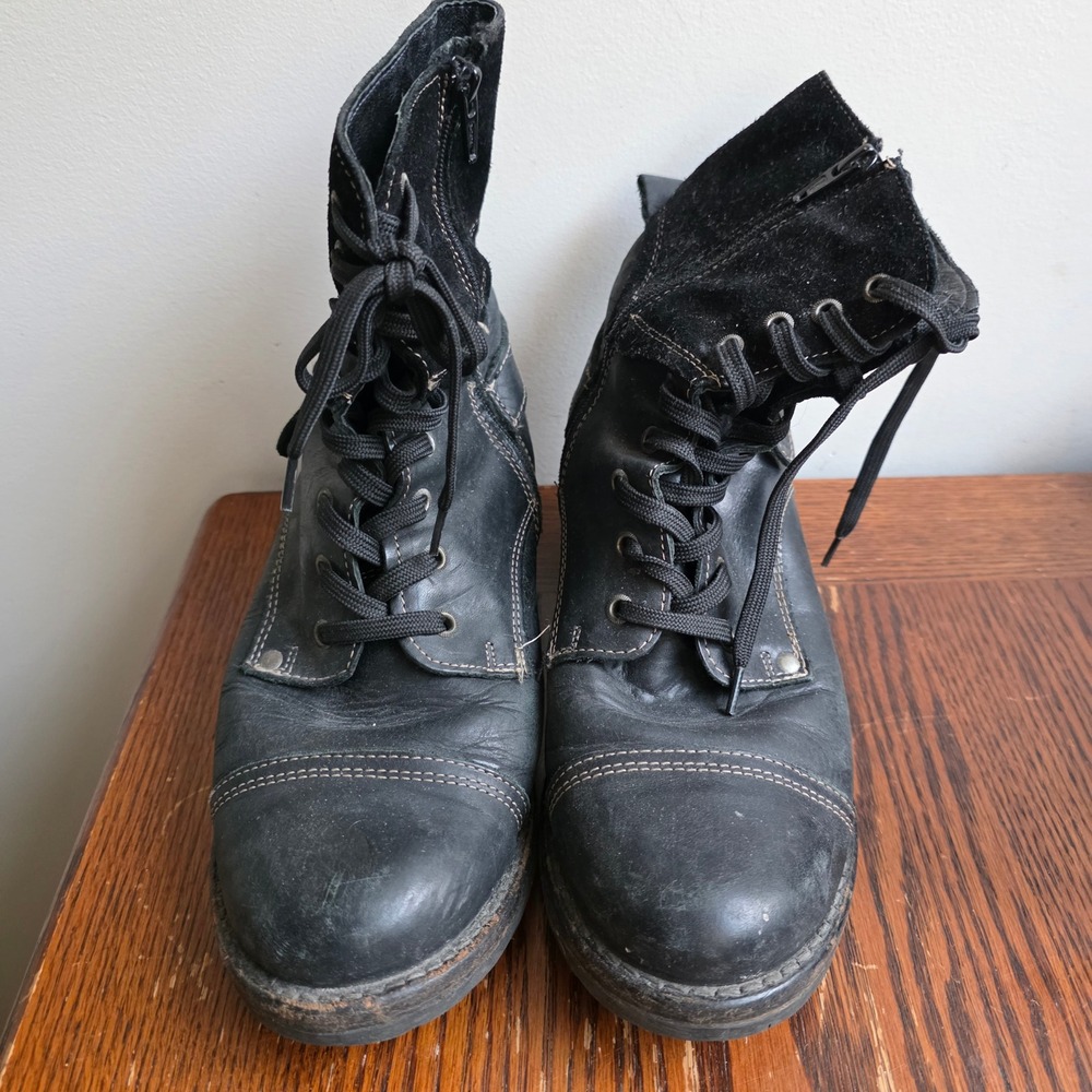 Taos Crave Black Leather Suede Combat Boots Womens 40 Lace Up Buckle Grunge Goth